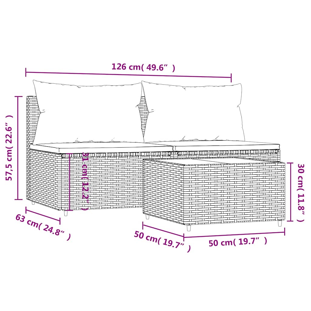 3-Tlg. Garten-Lounge-Set Mit Kissen Braun Poly Rattan