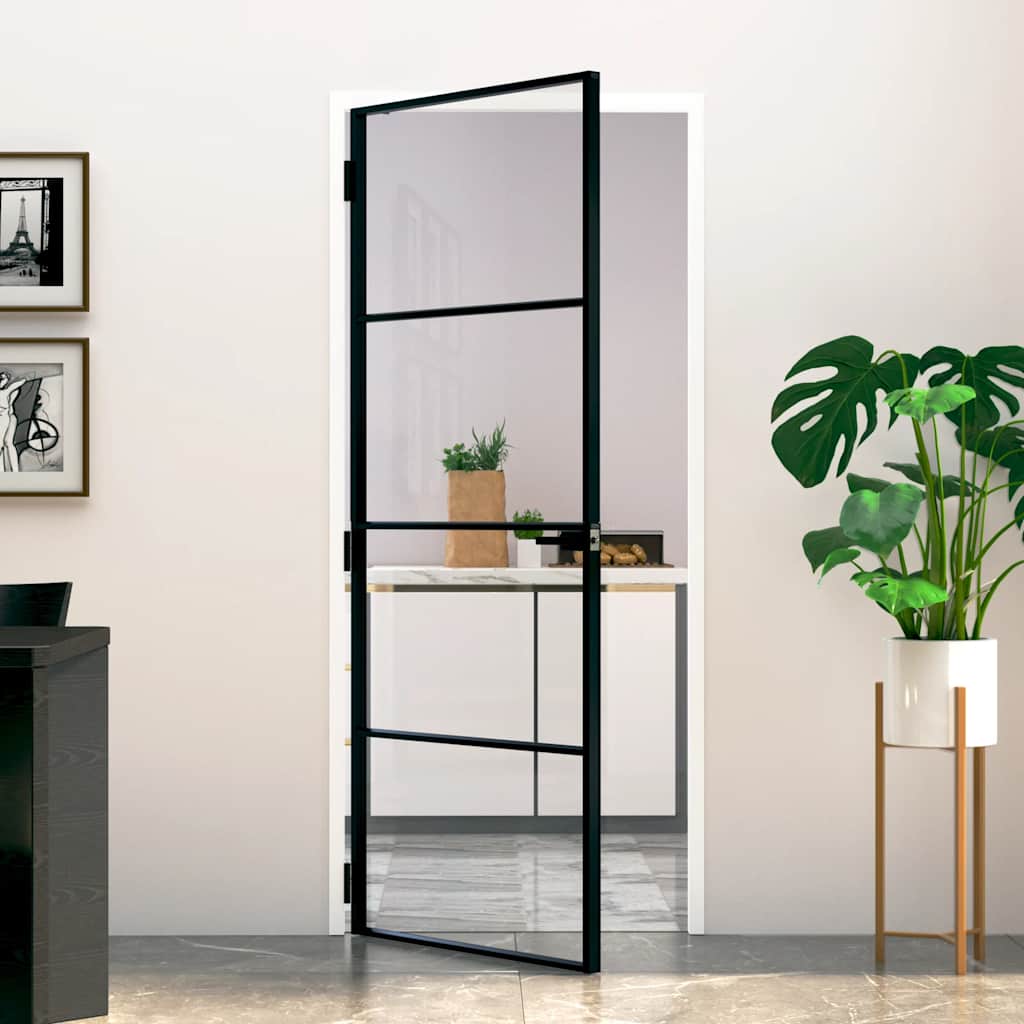 Innentür Schwarz 102X201,5 Cm Hartglas & Aluminium Schlank Schwarz Und Transparent