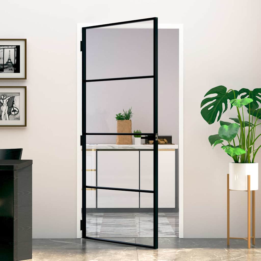 Innentür Schwarz 102X201,5 Cm Hartglas & Aluminium Schlank Schwarz Und Transparent