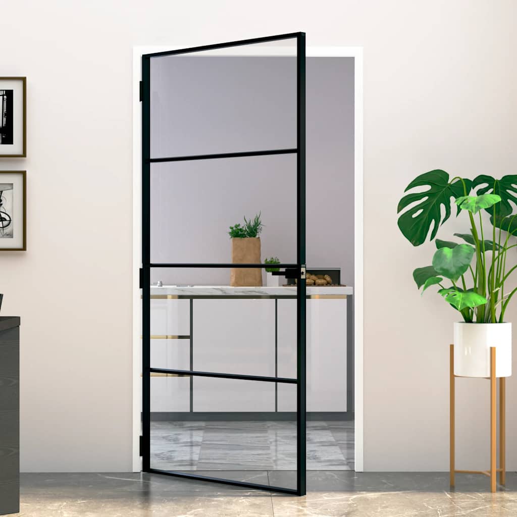 Innentür Schwarz 102X201,5 Cm Hartglas & Aluminium Schlank Schwarz Und Transparent