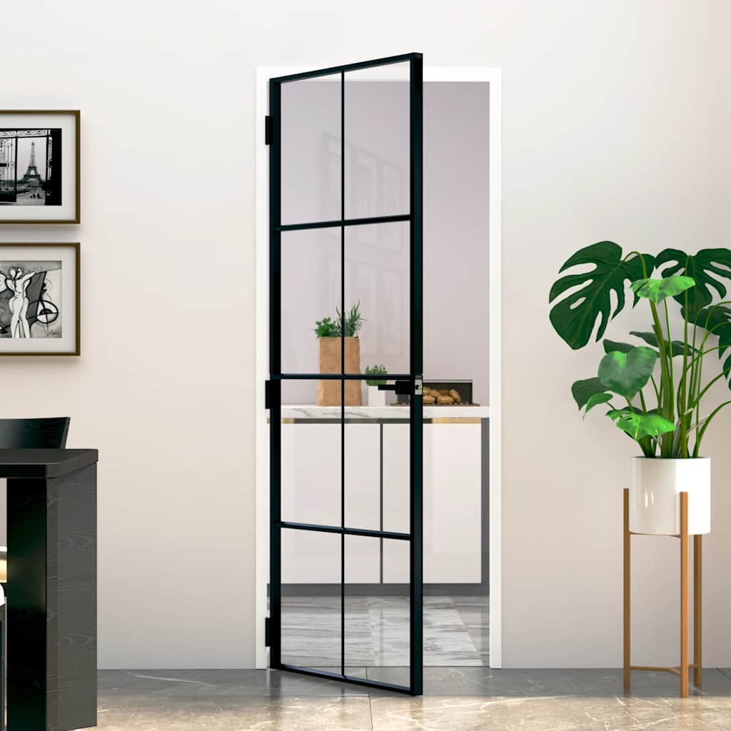 Innentür Schwarz 102X201,5 Cm Hartglas & Aluminium Schlank Schwarz Und Transparent