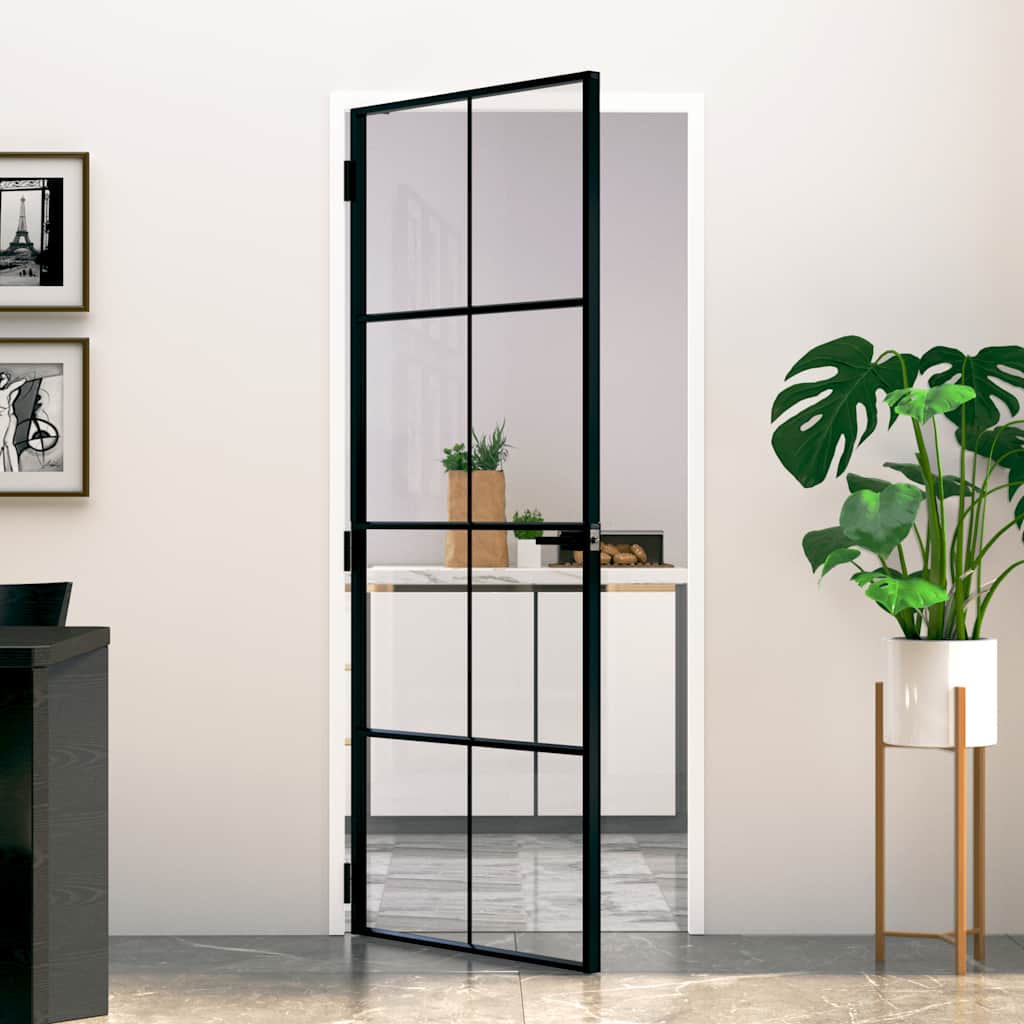 Innentür Schwarz 102X201,5 Cm Hartglas & Aluminium Schlank Schwarz Und Transparent