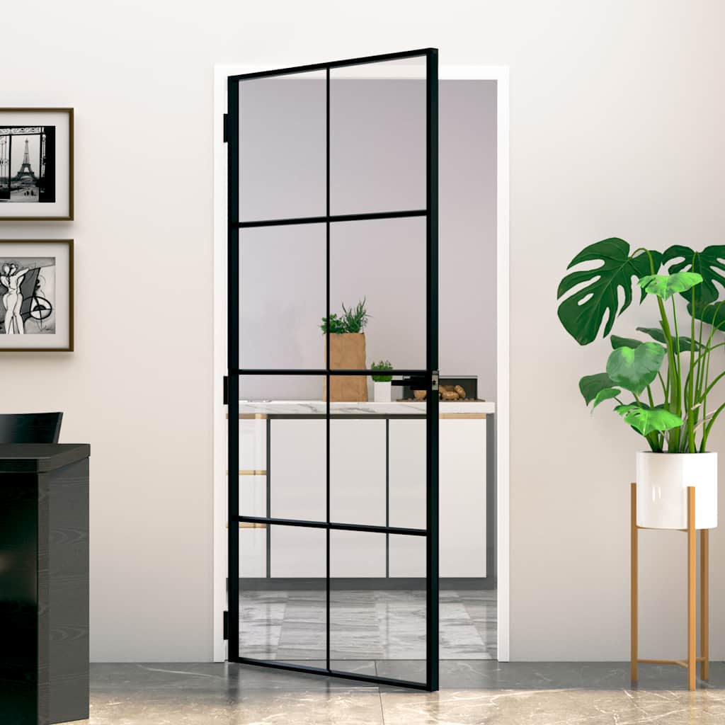 Innentür Schwarz 102X201,5 Cm Hartglas & Aluminium Schlank Schwarz Und Transparent
