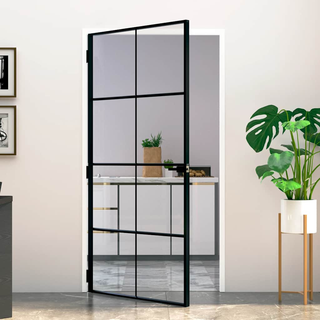 Innentür Schwarz 102X201,5 Cm Hartglas & Aluminium Schlank Schwarz Und Transparent