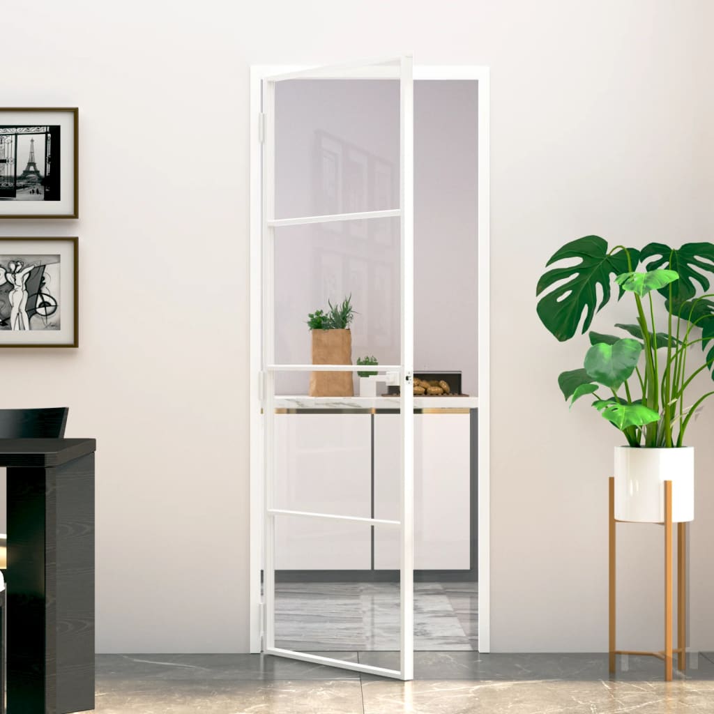 Innentür Weiß 83X201,5 Cm Hartglas & Aluminium Schlank Weiß Und Transparent