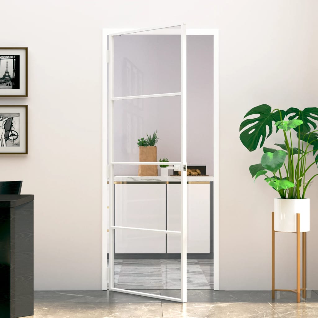 Innentür Weiß 83X201,5 Cm Hartglas & Aluminium Schlank Weiß Und Transparent