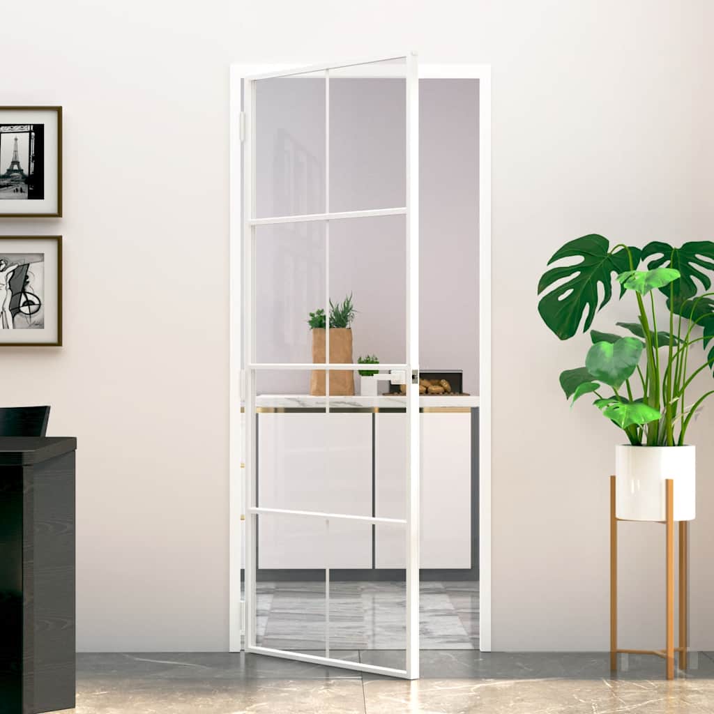 Innentür Weiß 83X201,5 Cm Hartglas & Aluminium Schlank Weiß Und Transparent