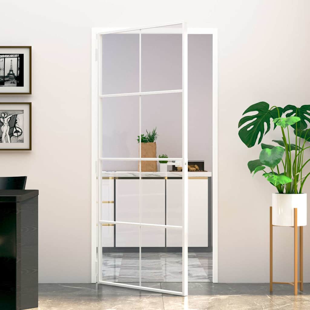 Innentür Weiß 83X201,5 Cm Hartglas & Aluminium Schlank Weiß Und Transparent