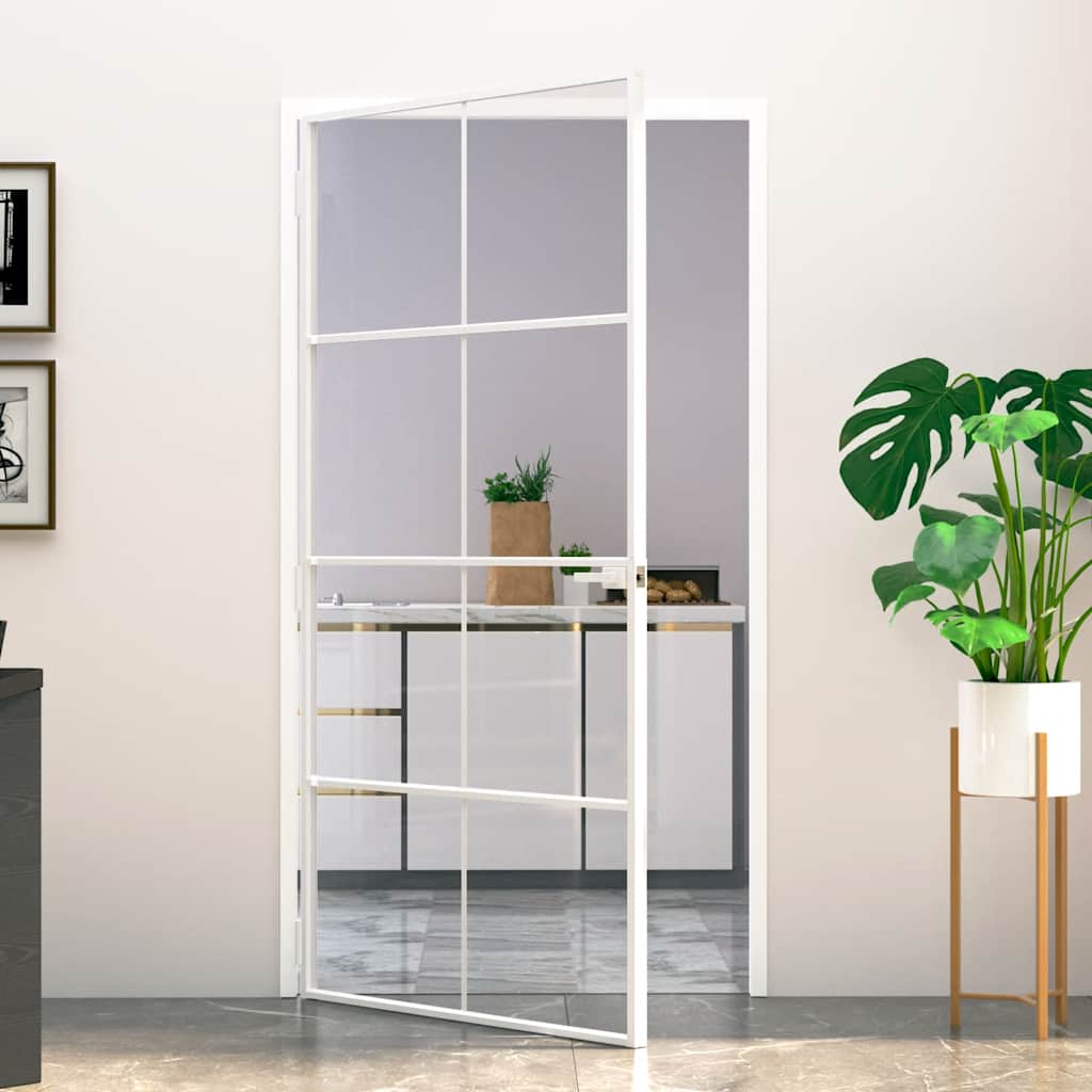 Innentür Weiß 83X201,5 Cm Hartglas & Aluminium Schlank Weiß Und Transparent