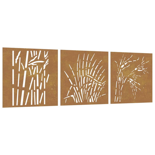 3-Tlg. Garten-Wanddeko 55X55 Cm Cortenstahl Gras-Design