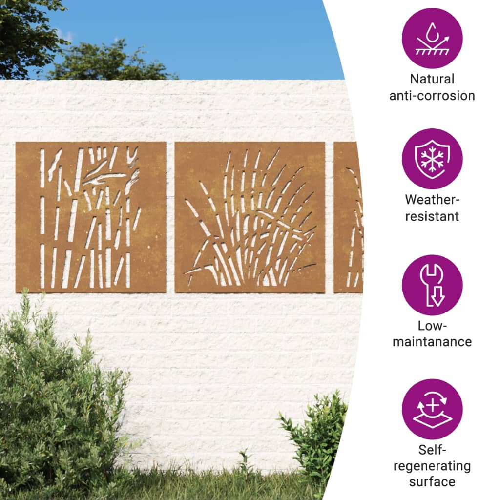 3-Tlg. Garten-Wanddeko 55X55 Cm Cortenstahl Gras-Design
