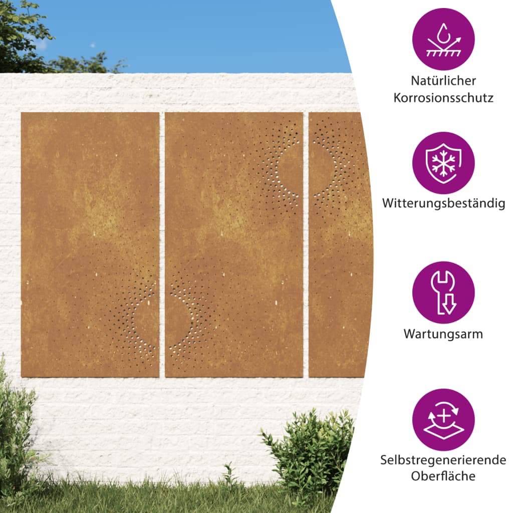 3-Tlg. Garten-Wanddeko 105X55 Cm Cortenstahl Sonnen-Design