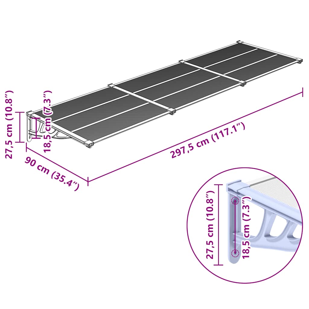 Türvordach Grau Und Transparent 297,5X90 Cm Polycarbonat