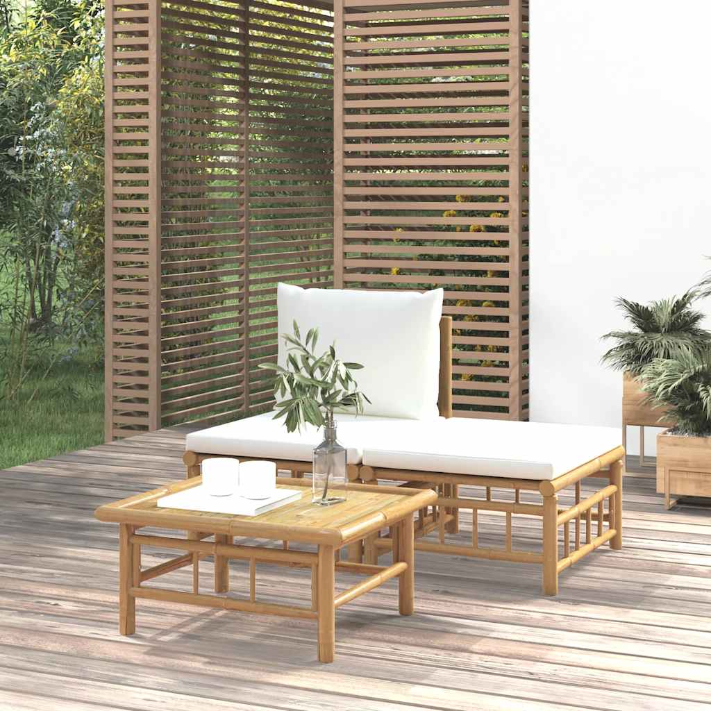 2-Tlg. Garten-Lounge-Set Mit Weißen Kissen Bambus
