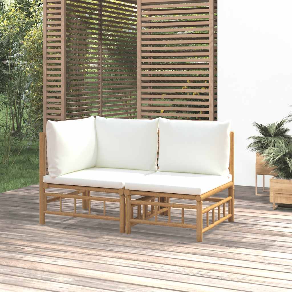 2-Tlg. Garten-Lounge-Set Mit Weißen Kissen Bambus