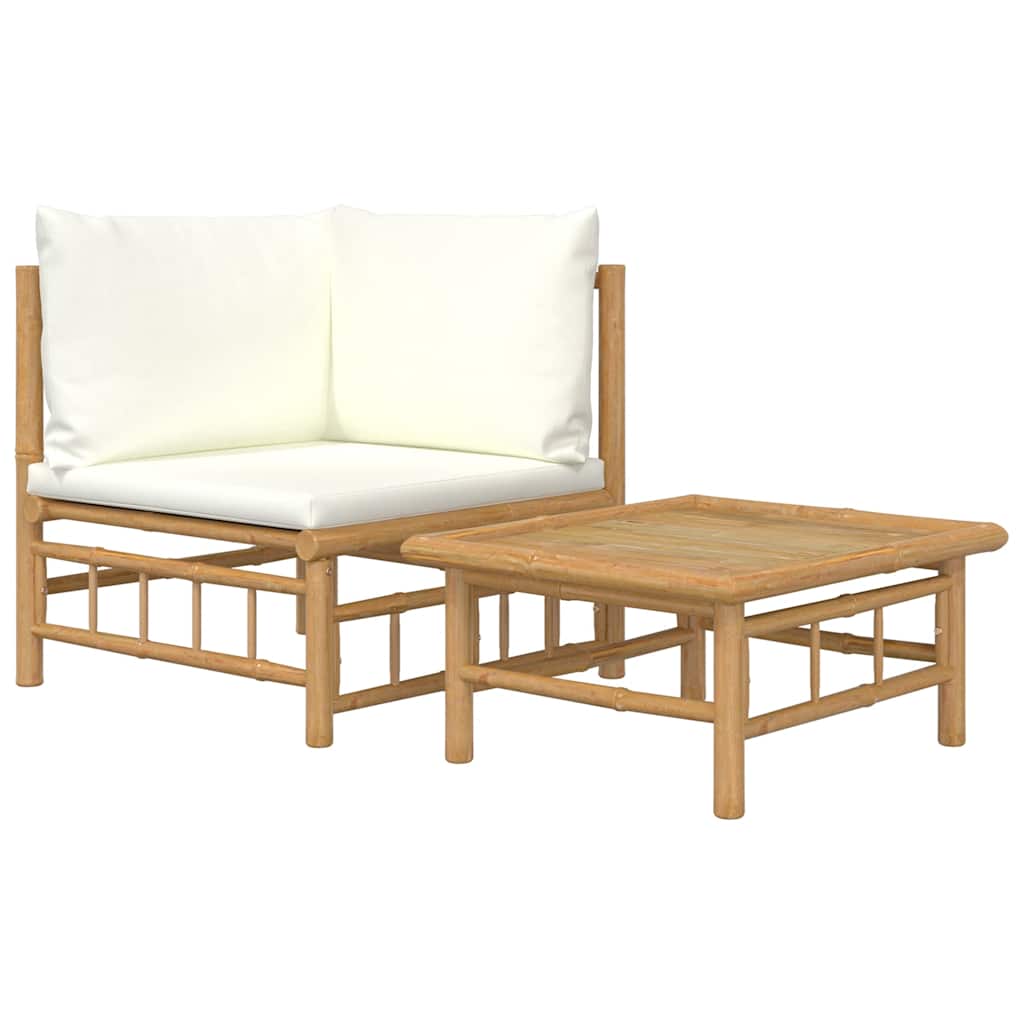 2-Tlg. Garten-Lounge-Set Mit Weißen Kissen Bambus