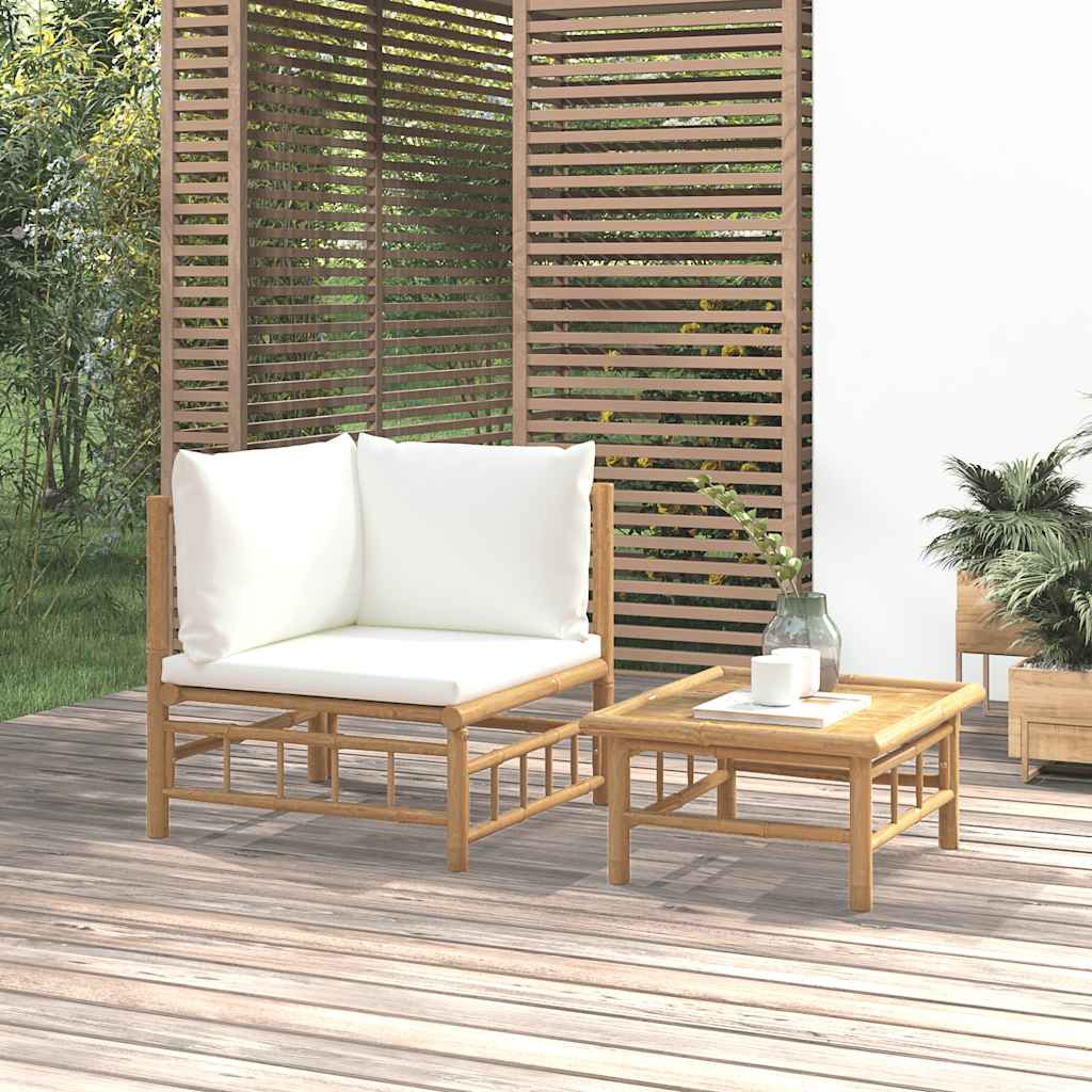 2-Tlg. Garten-Lounge-Set Mit Weißen Kissen Bambus