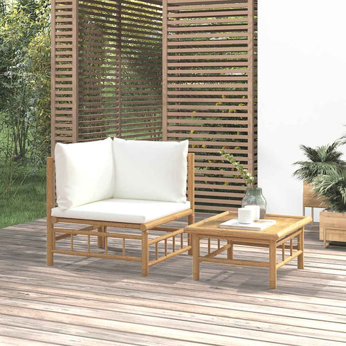2-Tlg. Garten-Lounge-Set Mit Weißen Kissen Bambus