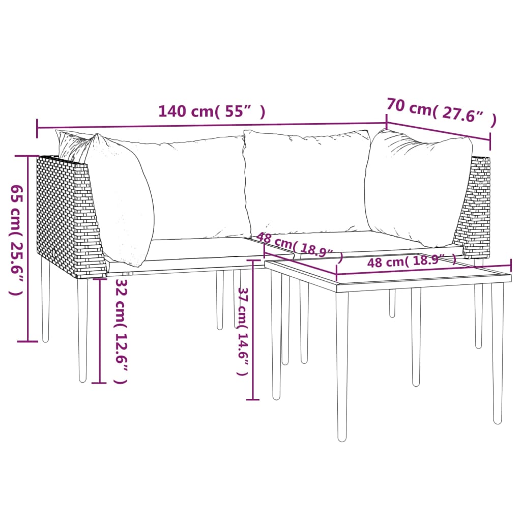 3-Tlg. Garten-Lounge-Set Mit Kissen Grau Poly Rattan Grau