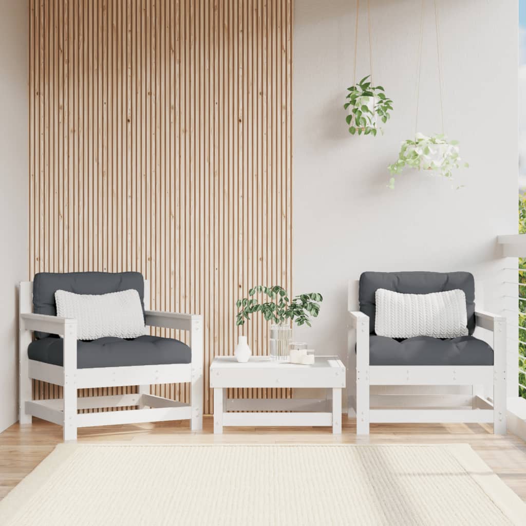 3-Tlg. Garten-Lounge-Set Weiß Massivholz Kiefer Weißes Kiefernholz