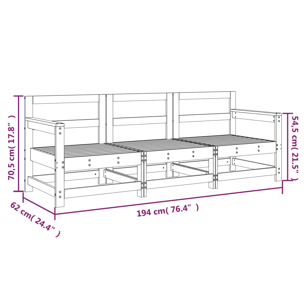 3-Tlg. Garten-Lounge-Set Massivholz Kiefer Unbehandeltes Kiefernholz