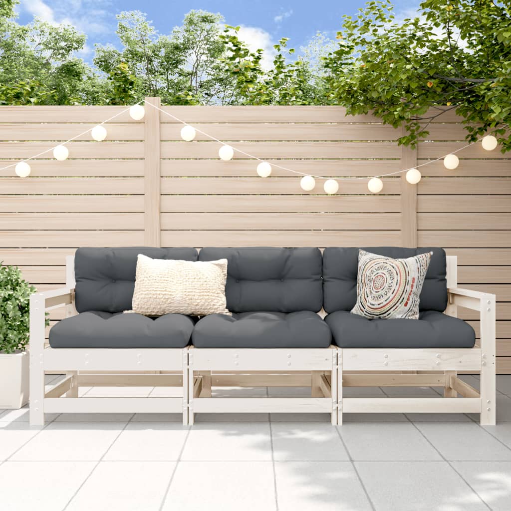 3-Tlg. Garten-Lounge-Set Weiß Massivholz Kiefer Weißes Kiefernholz