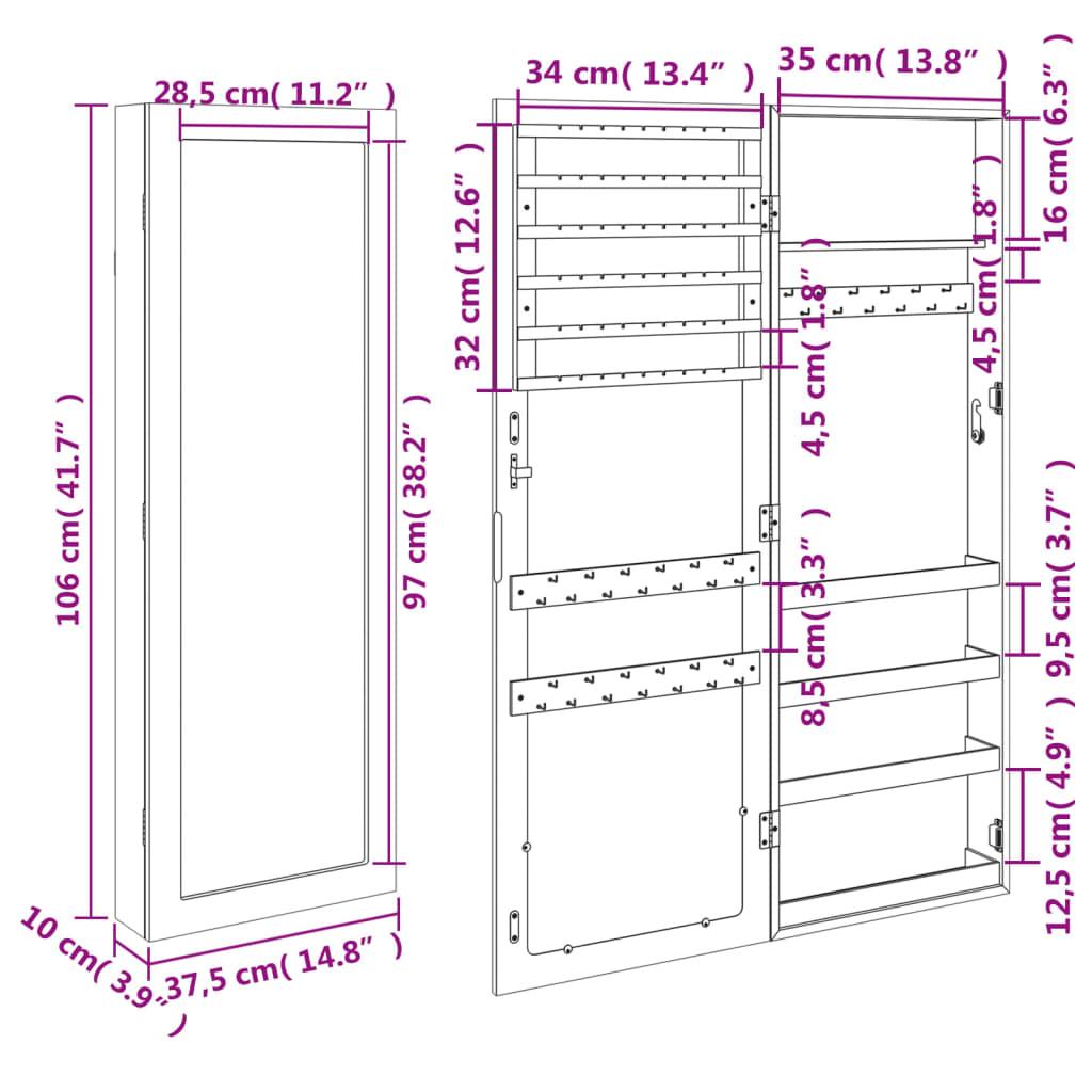 Schmuckschrank Mit Spiegel Wandmontage 37,5X10X106 Cm