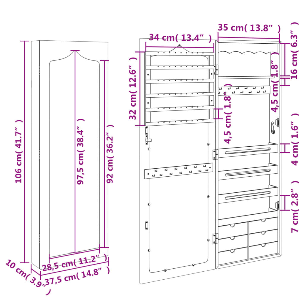Schmuckschrank Mit Spiegel Wandmontage 37,5X10X106 Cm