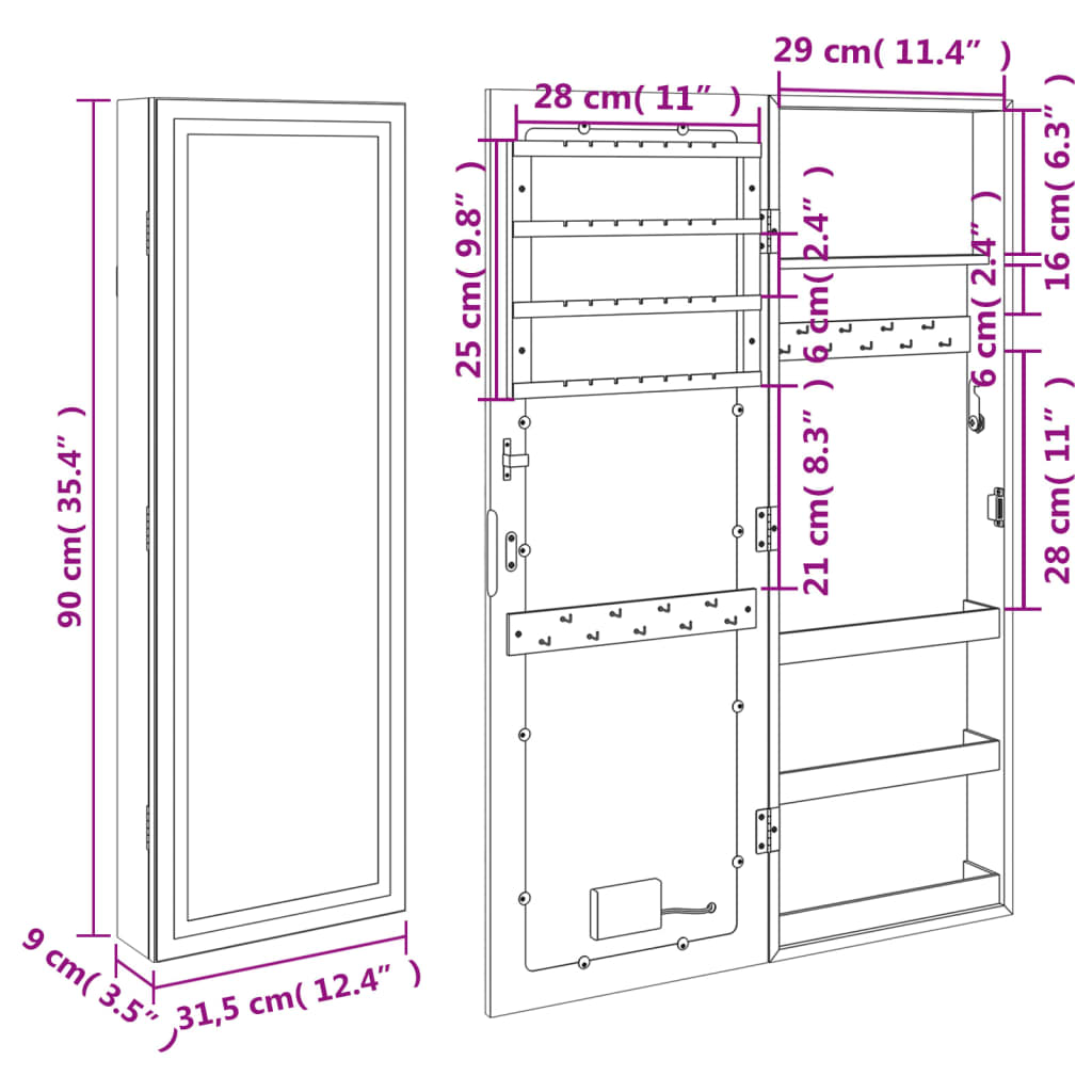 Spiegel-Schmuckschrank Mit Led-Beleuchtung Wandmontage