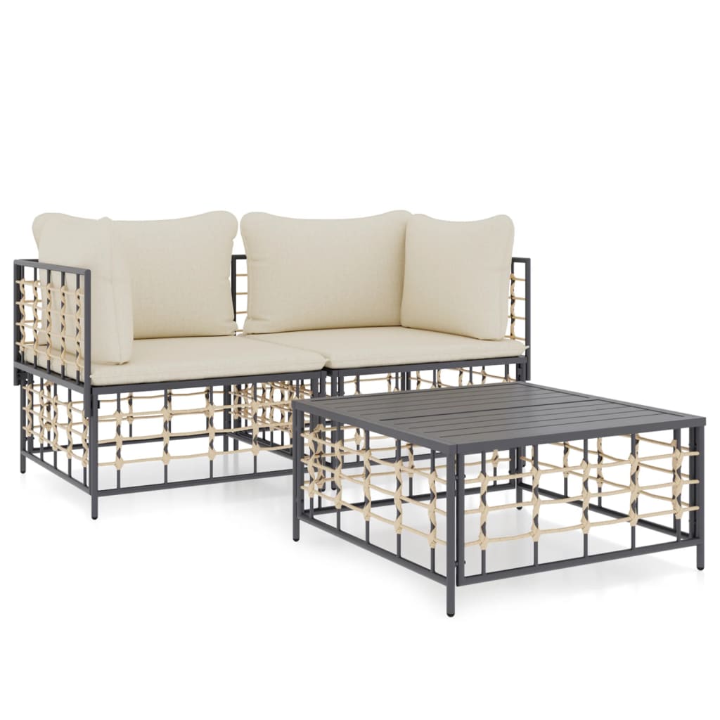 3-Tlg. Garten-Lounge-Set Mit Kissen Anthrazit Poly Rattan