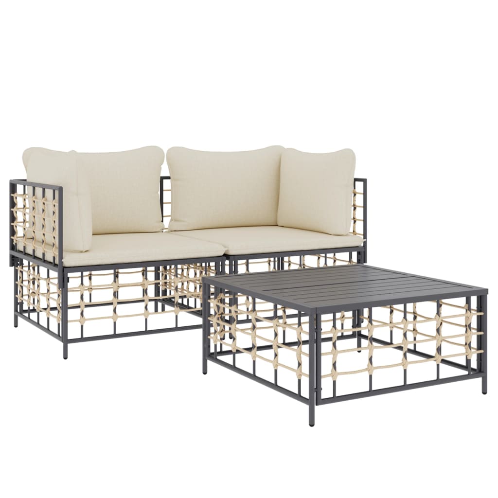 3-Tlg. Garten-Lounge-Set Mit Kissen Anthrazit Poly Rattan