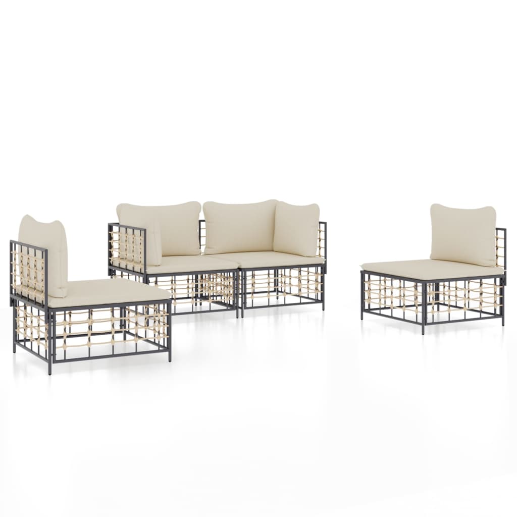 4-Tlg. Garten-Lounge-Set Mit Kissen Anthrazit Poly Rattan