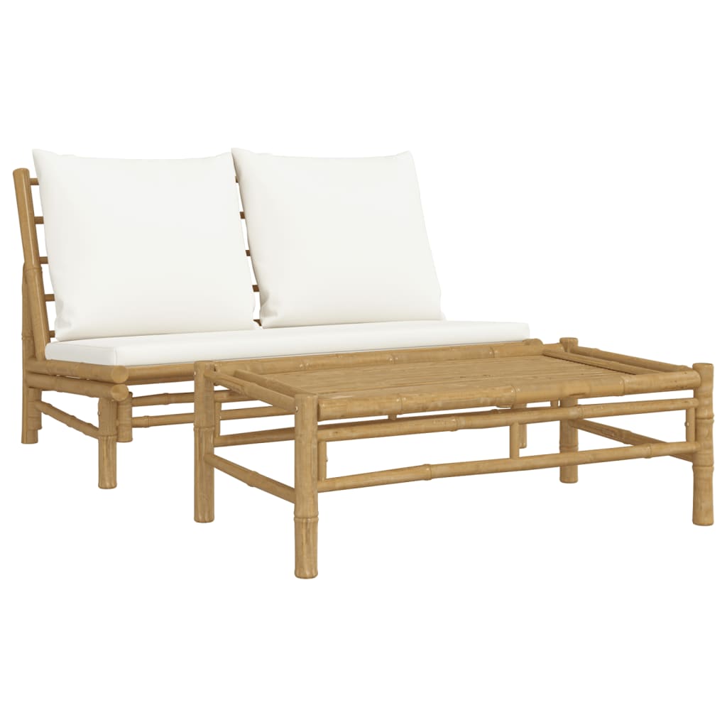 2-Tlg. Garten-Lounge-Set Mit Weißen Kissen Bambus