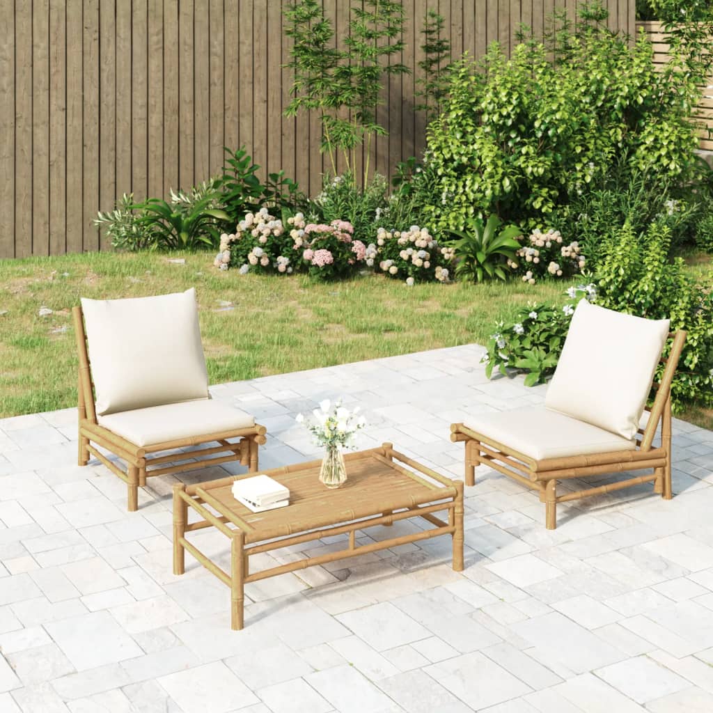 2-Tlg. Garten-Lounge-Set Mit Weißen Kissen Bambus