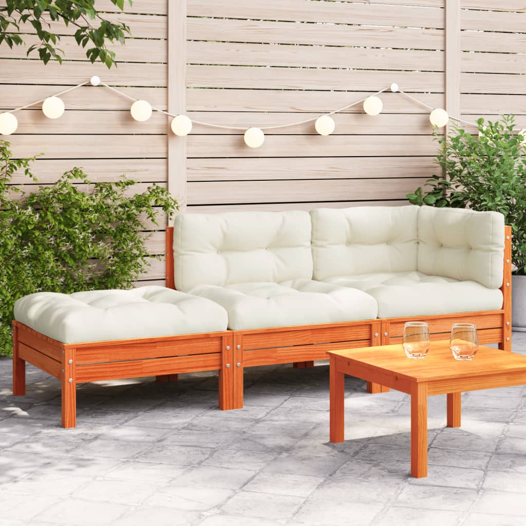 3-Tlg. Garten-Lounge-Set Mit Kissen In Creme Massivholz Kiefer