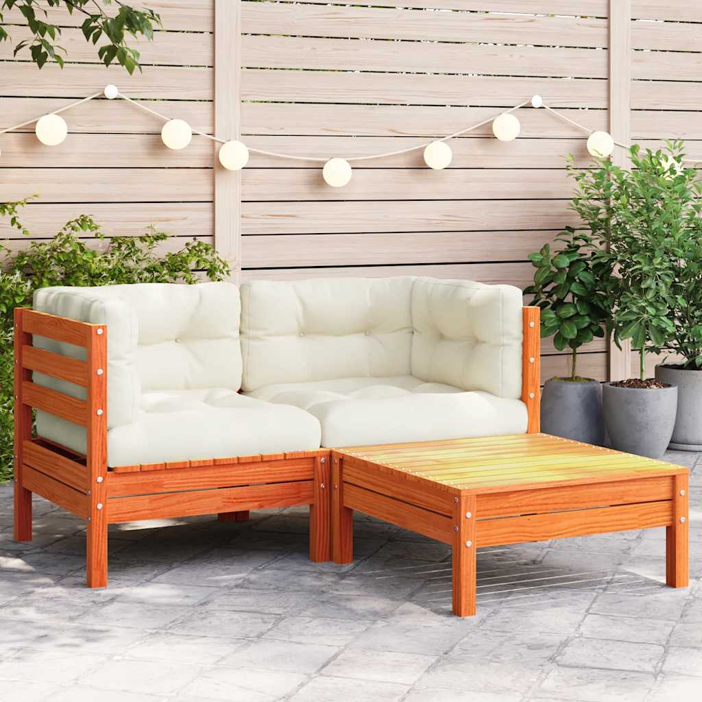3-Tlg. Garten-Lounge-Set Mit Kissen In Creme Massivholz Kiefer