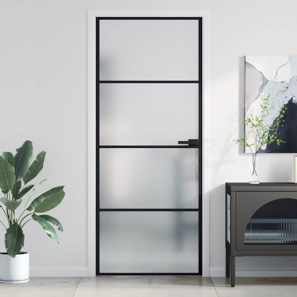 Innentür Schlank Schwarz 93X201,5 Cm Hartglas & Aluminium Schwarz Und Matt