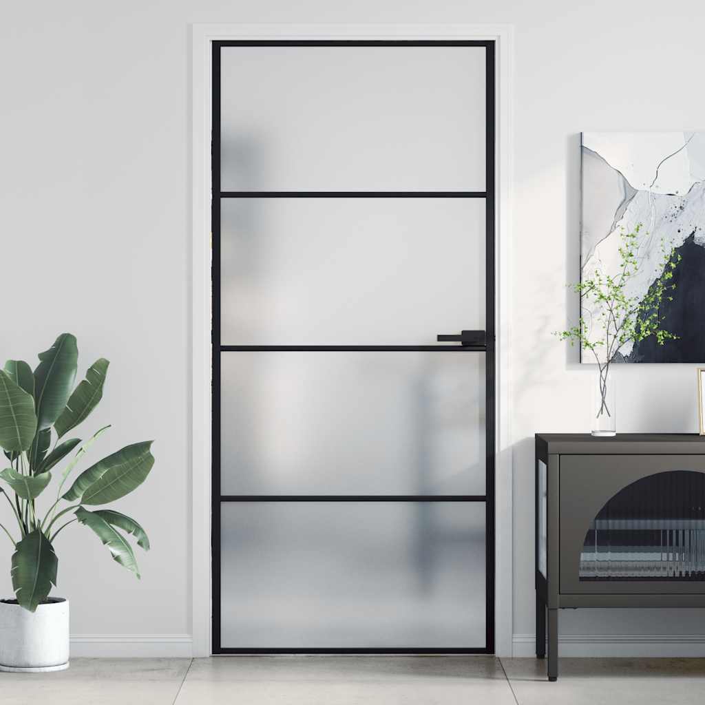 Innentür Schlank Schwarz 93X201,5 Cm Hartglas & Aluminium Schwarz Und Matt