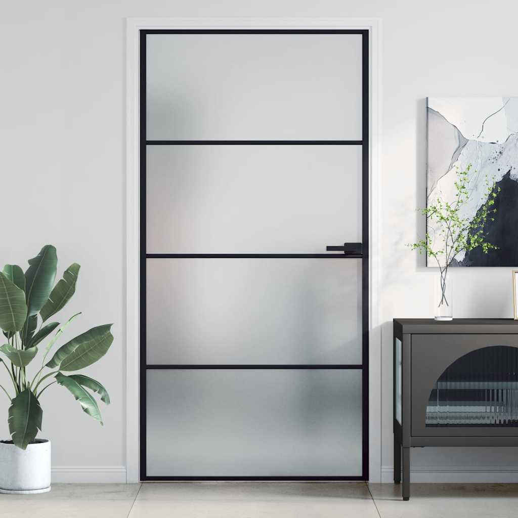 Innentür Schlank Schwarz 93X201,5 Cm Hartglas & Aluminium Schwarz Und Matt