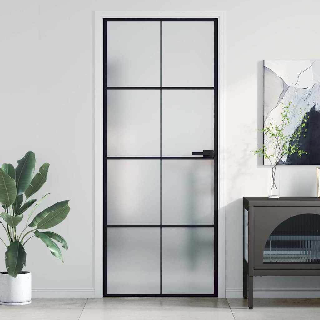 Innentür Schlank Schwarz 93X201,5 Cm Hartglas & Aluminium Schwarz Und Matt