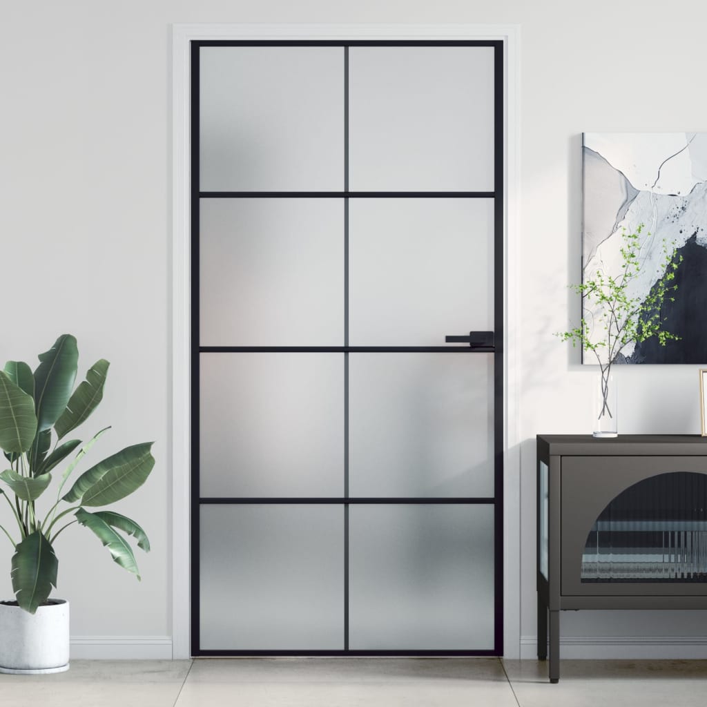 Innentür Schlank Schwarz 93X201,5 Cm Hartglas & Aluminium Schwarz Und Matt