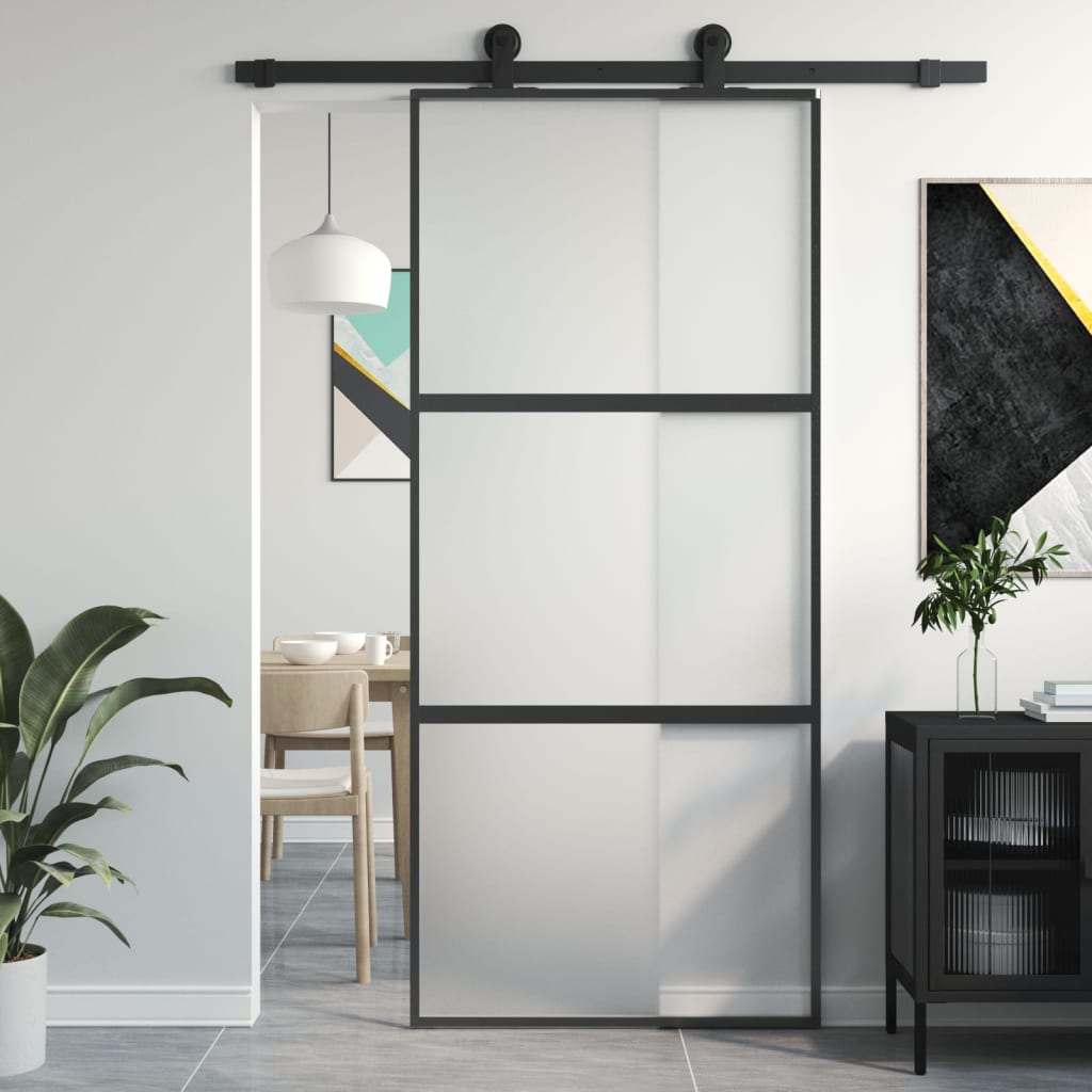 Innentür Schlank Schwarz 93X201,5 Cm Hartglas & Aluminium Schwarz Und Matt