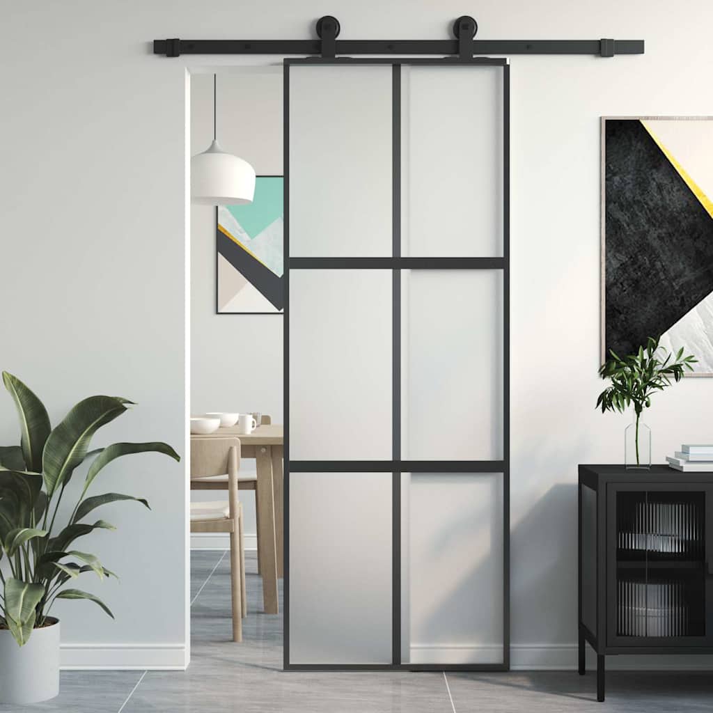 Innentür Schlank Schwarz 93X201,5 Cm Hartglas & Aluminium Schwarz Und Matt