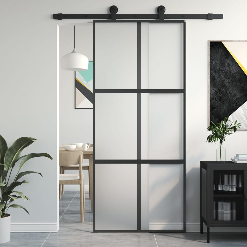 Innentür Schlank Schwarz 93X201,5 Cm Hartglas & Aluminium Schwarz Und Matt