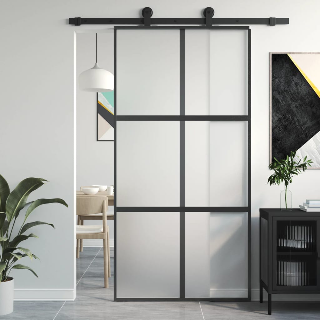 Innentür Schlank Schwarz 93X201,5 Cm Hartglas & Aluminium Schwarz Und Matt