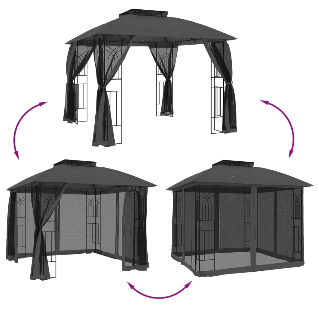 Pavillon Mit Doppeldach & Netzwänden 2,94X2,94M Stahl