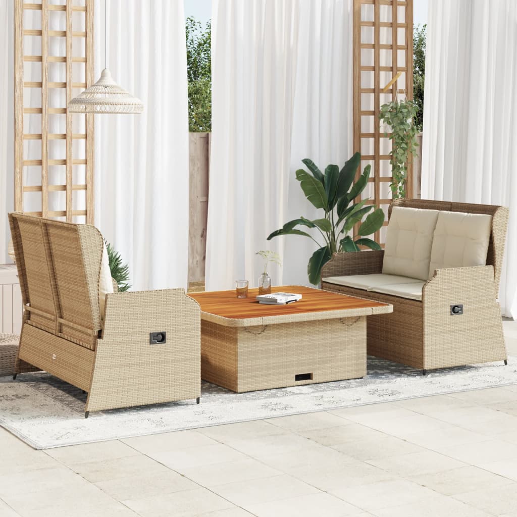 3-Tlg. Garten-Lounge-Set Mit Kissen Beige Poly Rattan