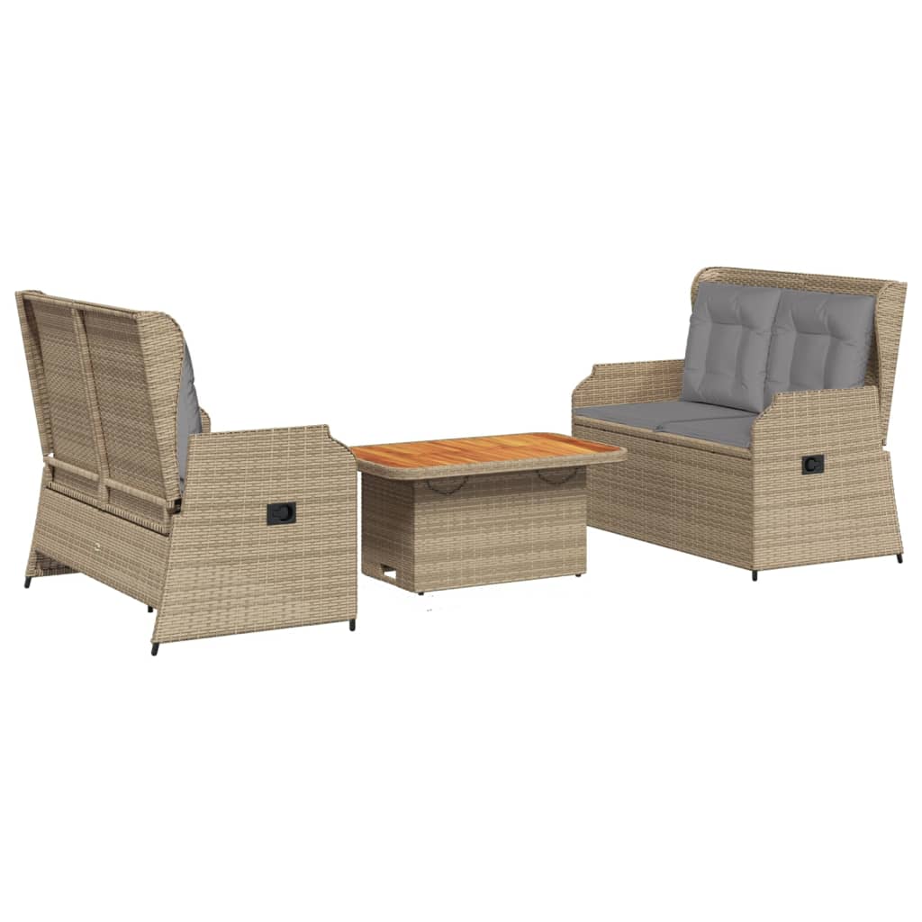 3-Tlg. Garten-Lounge-Set Mit Kissen Beige Poly Rattan
