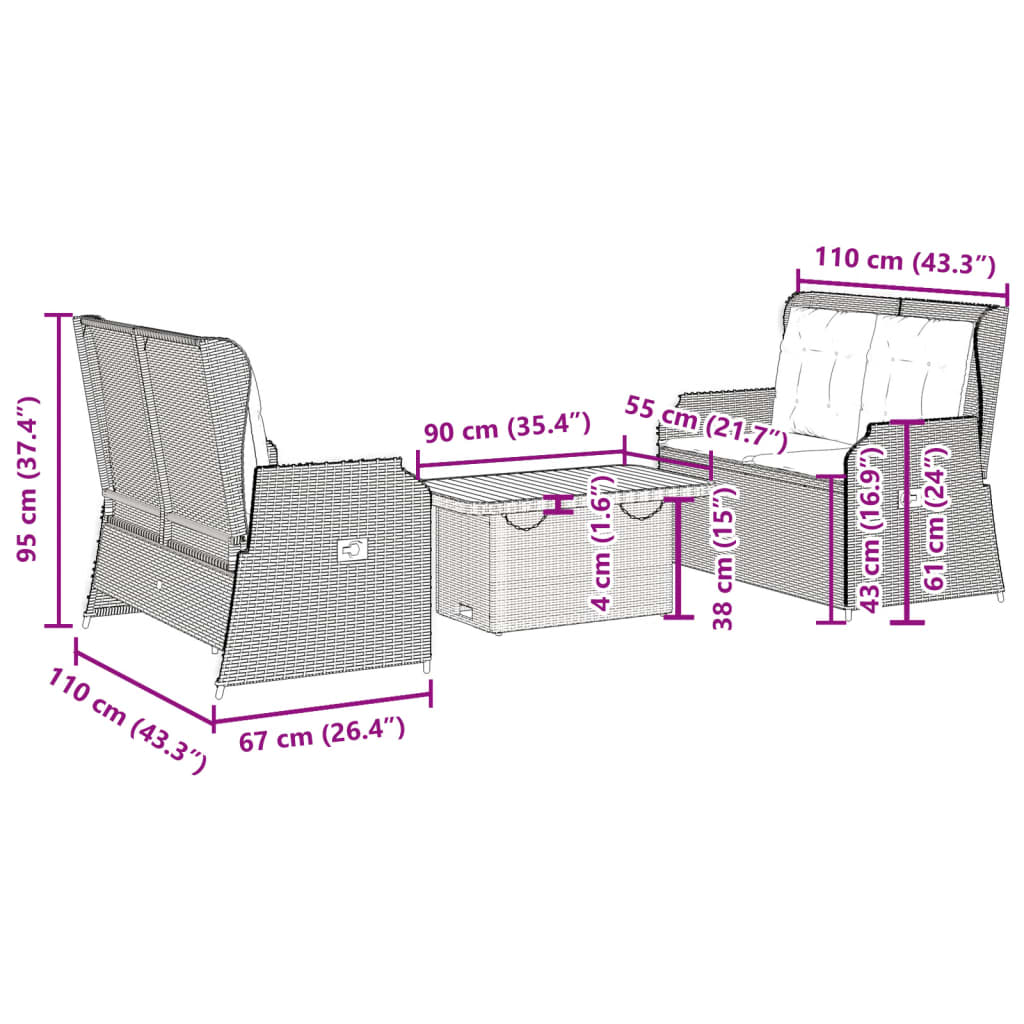 3-Tlg. Garten-Lounge-Set Mit Kissen Beige Poly Rattan