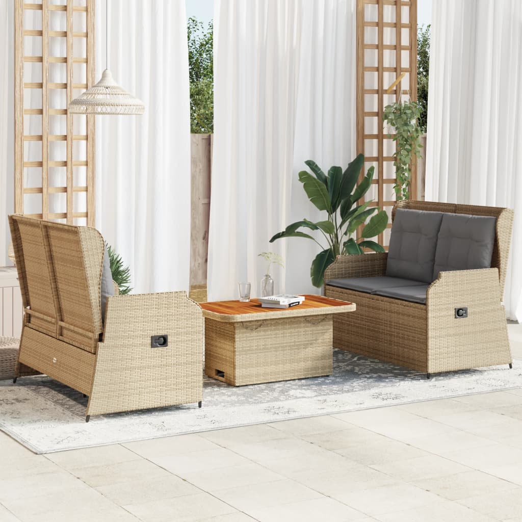 3-Tlg. Garten-Lounge-Set Mit Kissen Beige Poly Rattan